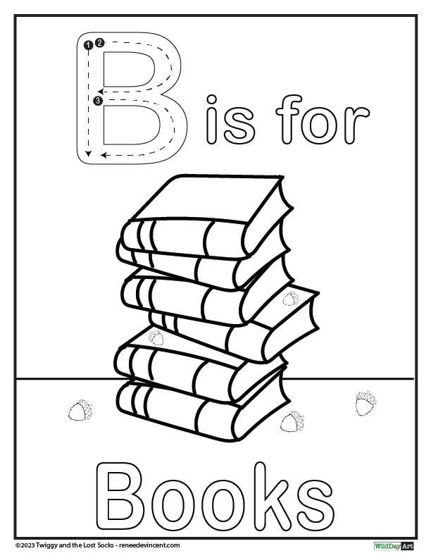 The letter b is for books coloring page with a stack of books.