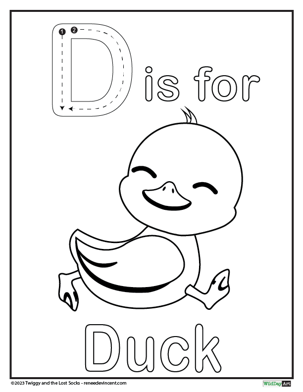 The letter d is for duck and is a coloring page with a duck.