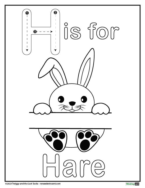 The letter h is for hare coloring page with a bunny rabbit.