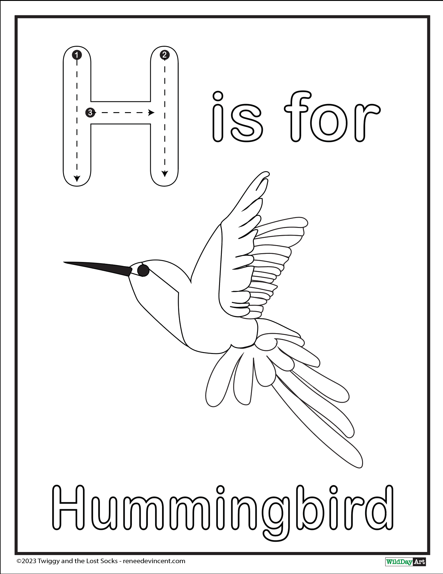 The letter h is for hummingbird coloring page.