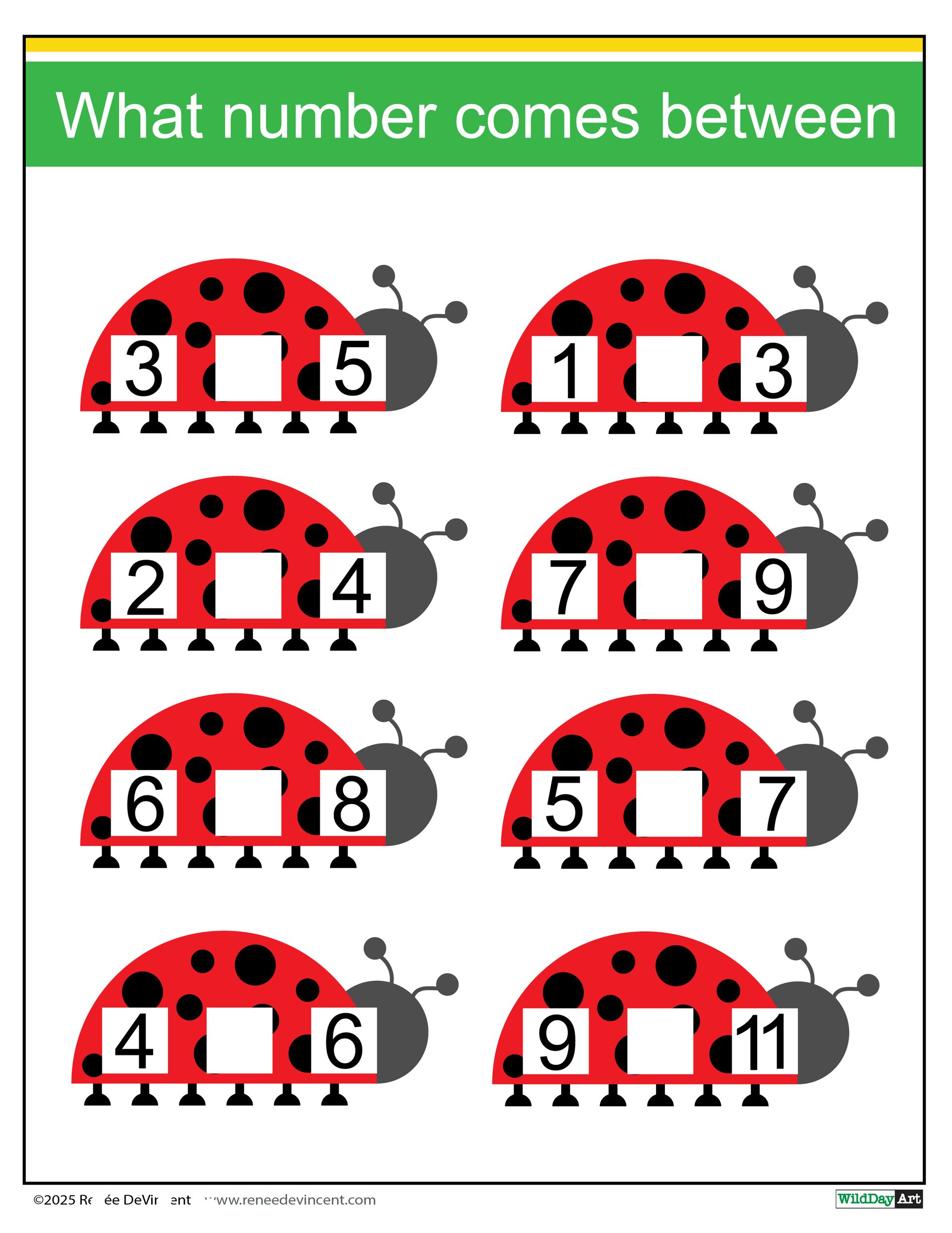 What number comes between ladybugs with numbers on them