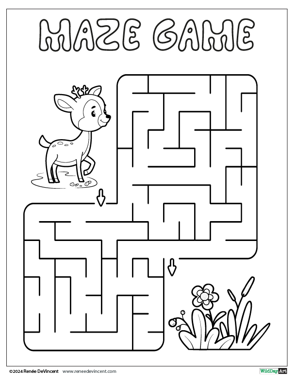 A black and white maze game with a deer and flowers.