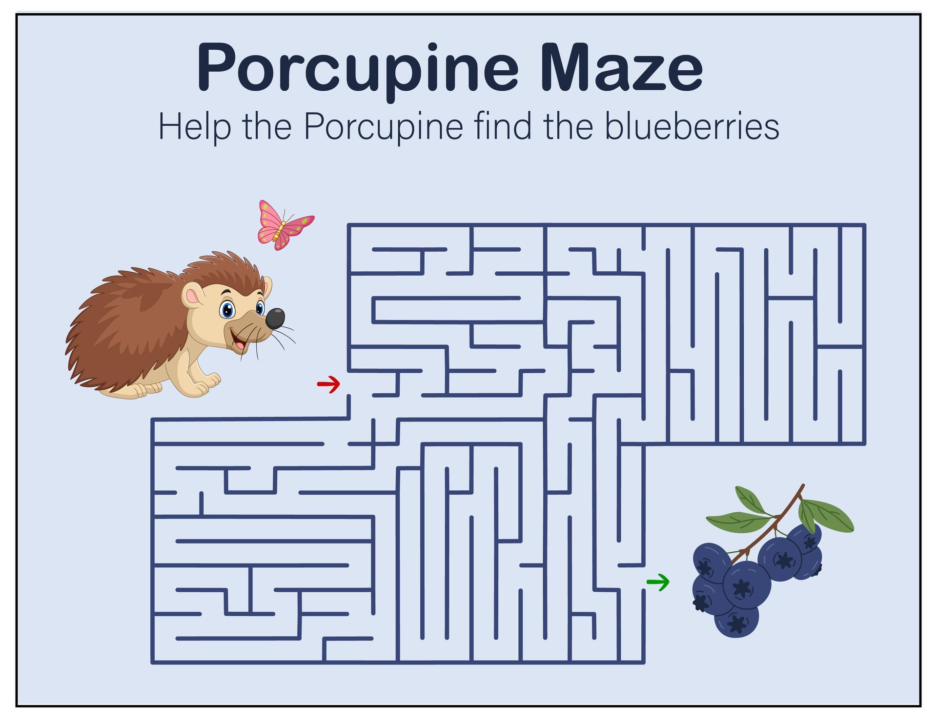 Porcupine maze with a porcupine seeking blueberries.