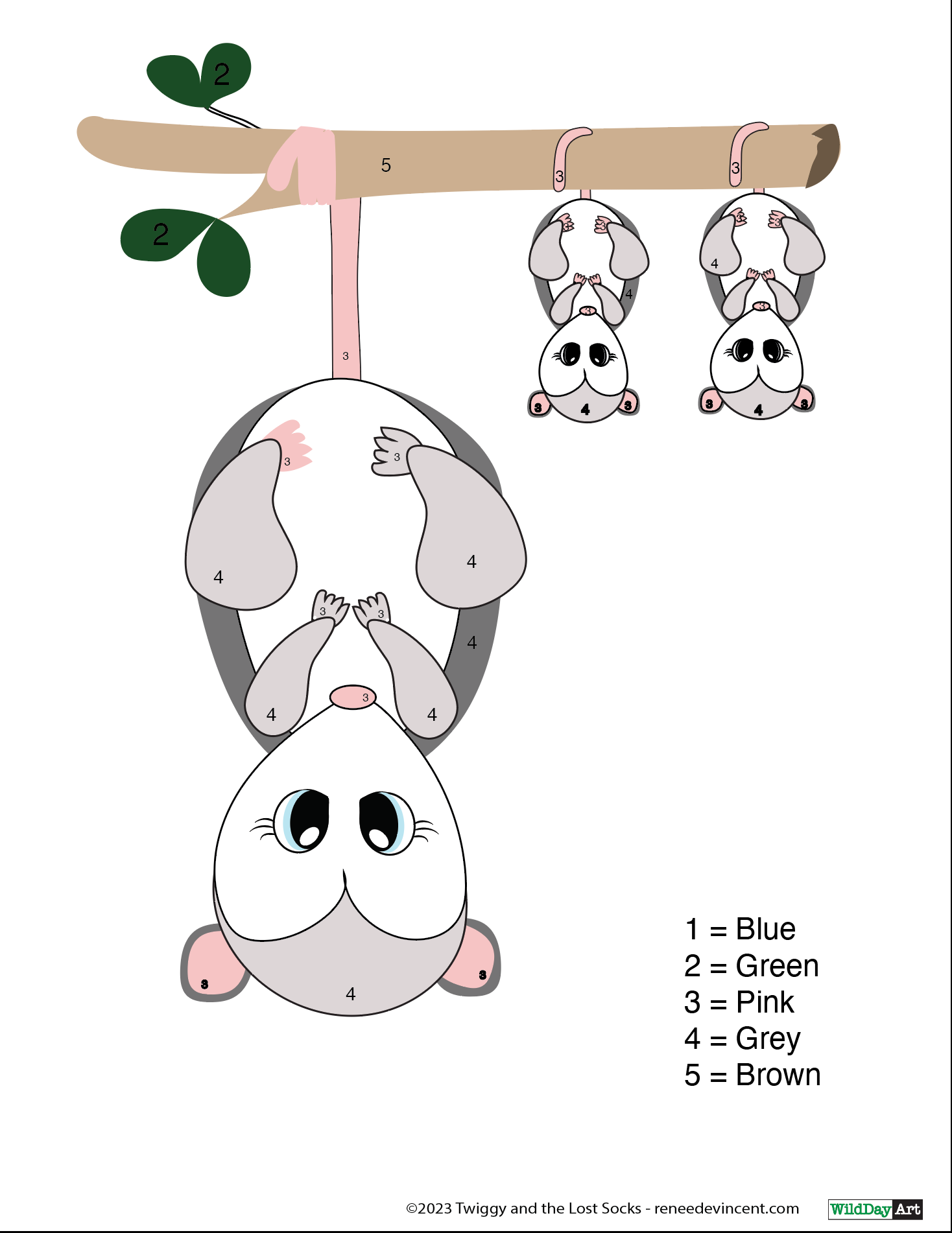 A cartoon opossum is hanging upside down on a tree branch.