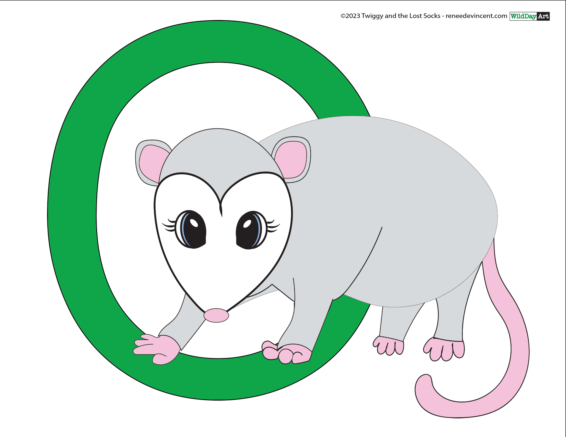 A drawing of an opossum in a green circle