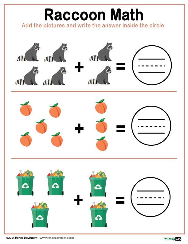 Raccoon math add the pictures and write the answer inside the circle