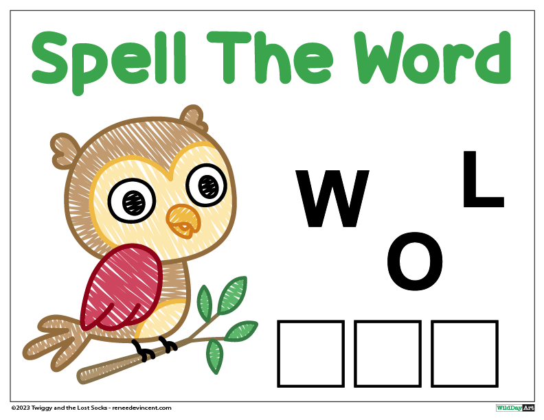 A picture of an owl sitting on a branch with the words spell the word w l o written on it.