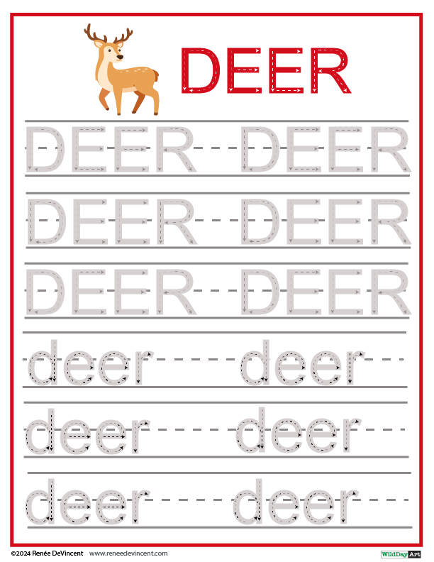 A worksheet with a deer and the word deer on it.