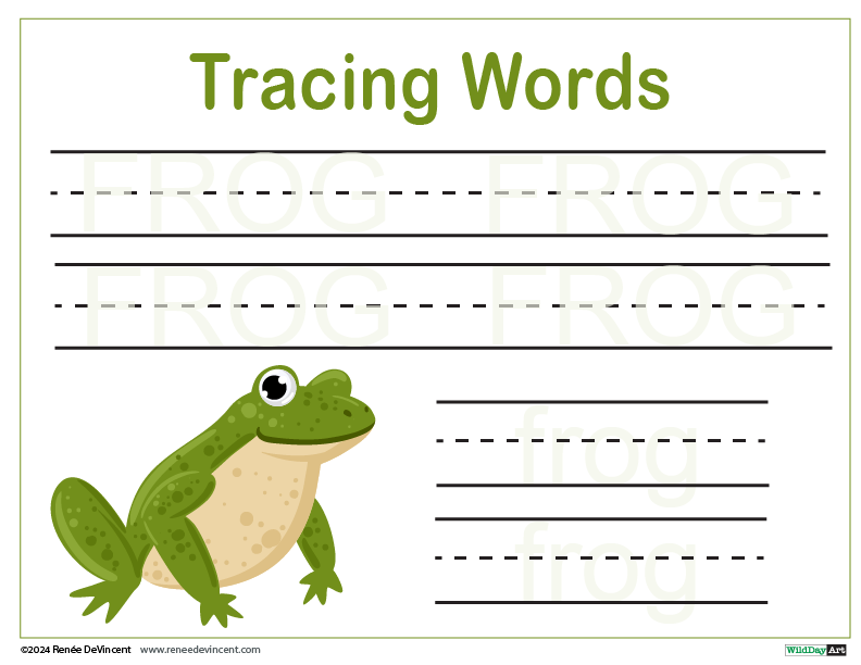 A frog is sitting on a piece of paper that says tracing words