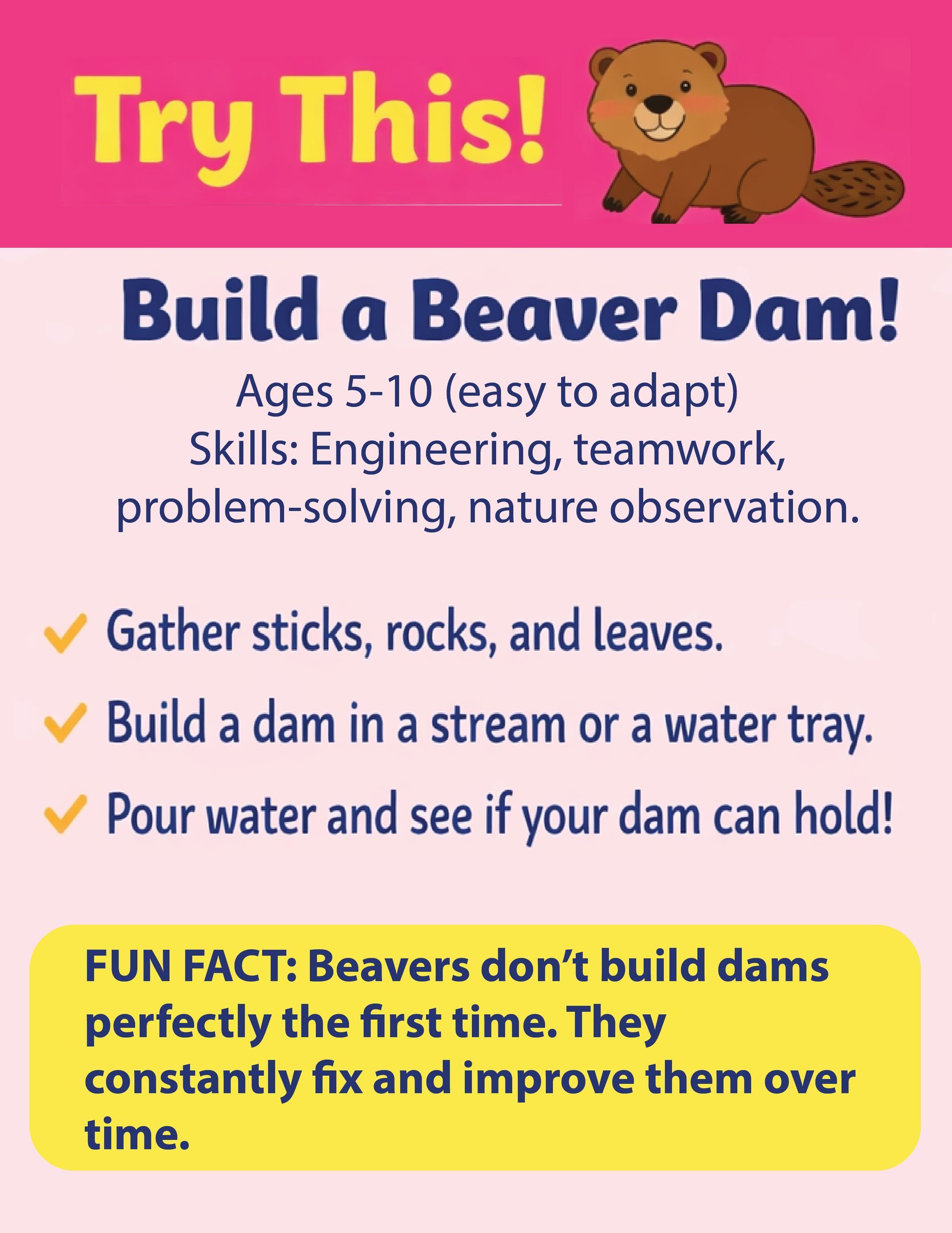 Build a Beaver Dam activity. Gather sticks/rocks/leaves, build a dam, and test it. Includes a fun fact about beavers.