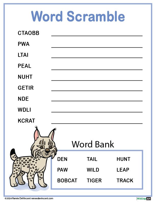 A word scramble worksheet with a bobcat on it.