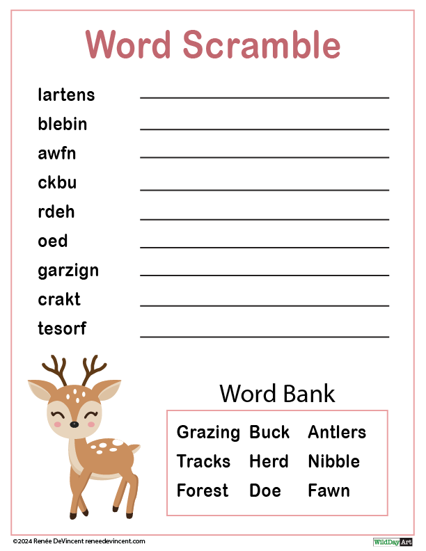 A word scramble worksheet with a deer on it.