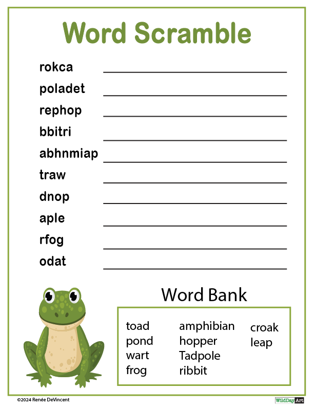 A frog is on a word scramble worksheet with a word bank.