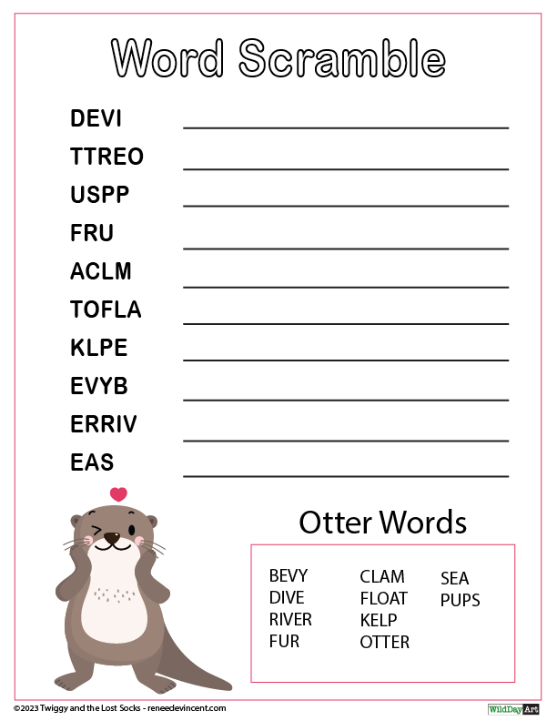 A word scramble worksheet with an otter on it.