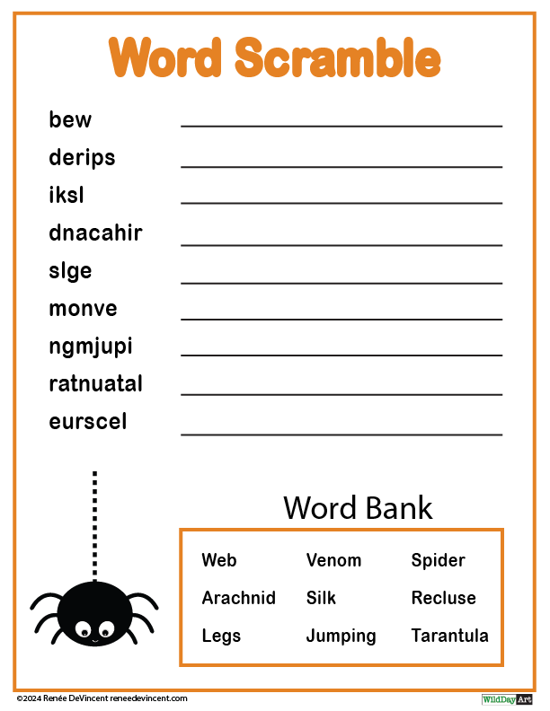 A word scramble worksheet with a spider on it.