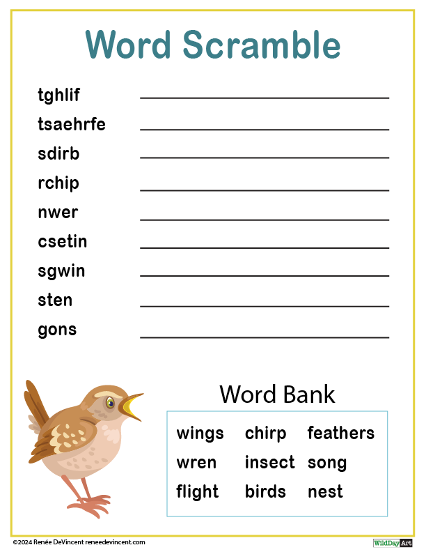 A word scramble worksheet with a bird on it