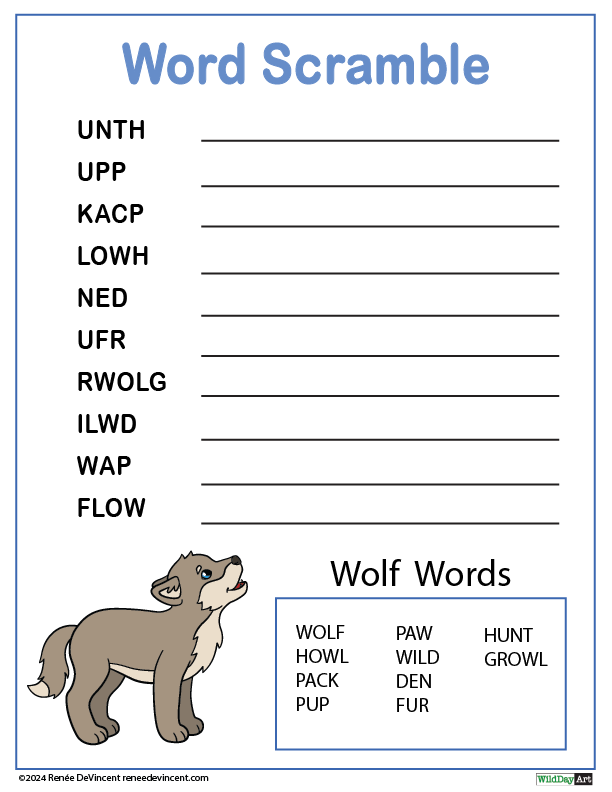 It is a word scramble with a picture of a wolf.