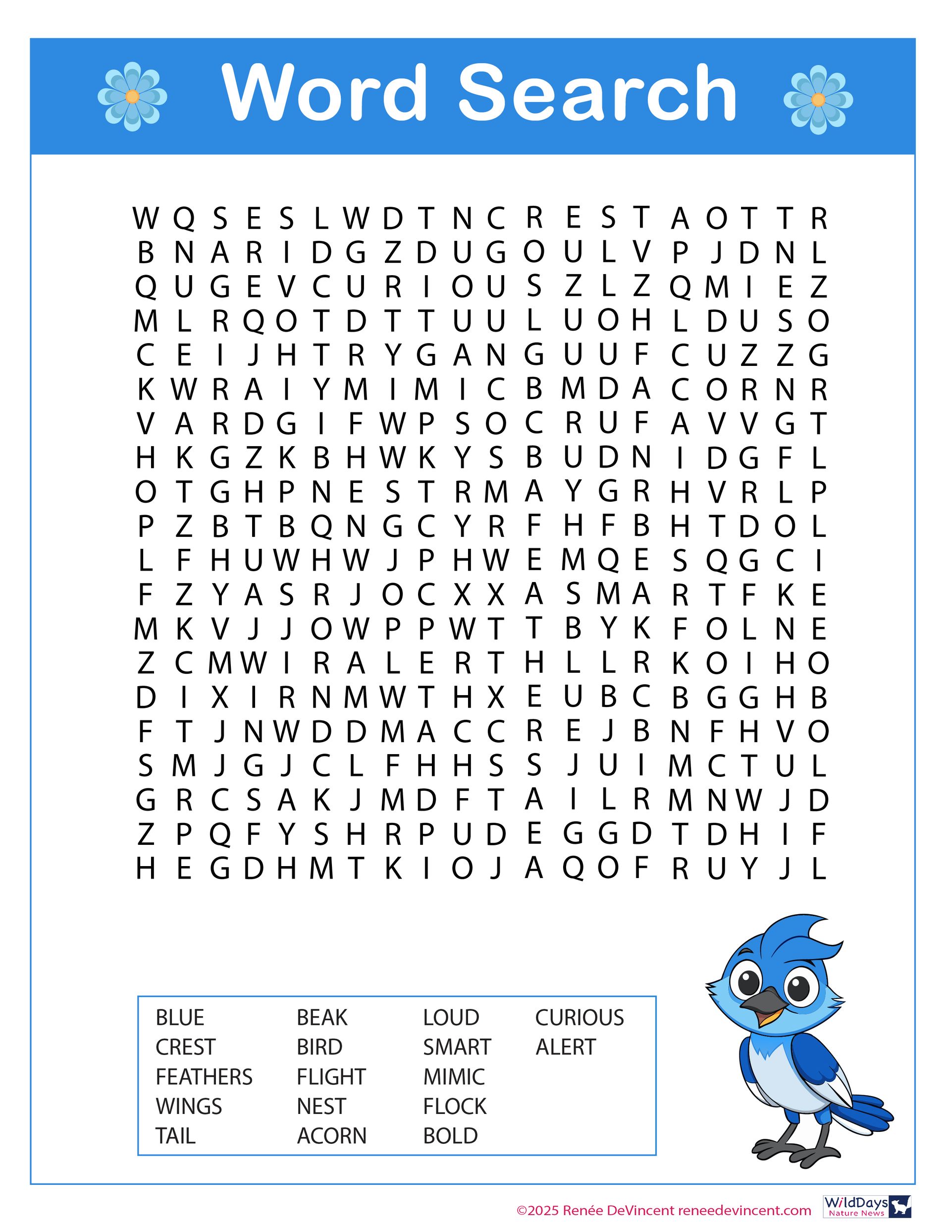 A blue bird is standing in the middle of a word search puzzle.