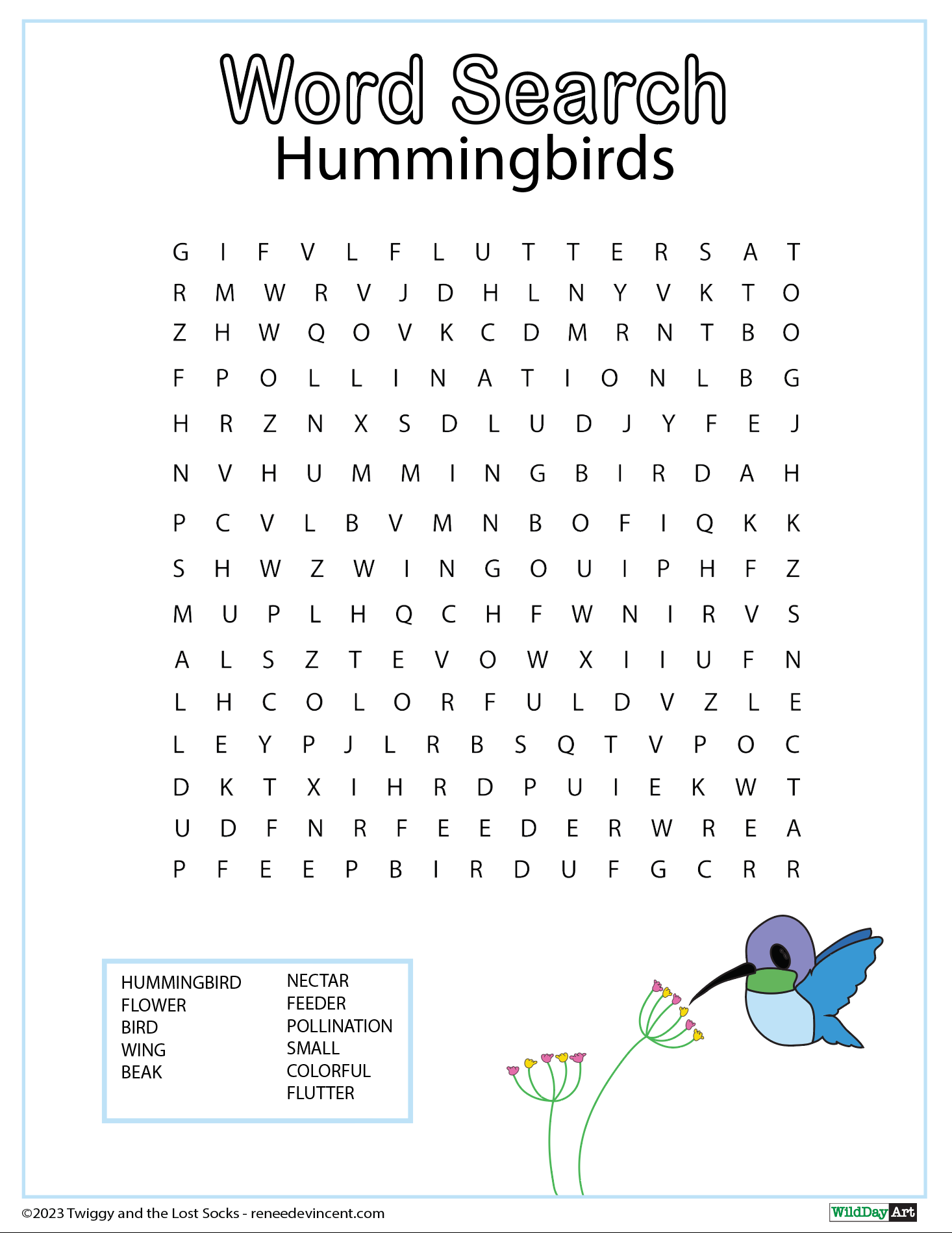 A word search for hummingbirds with a picture of a hummingbird and a flower.