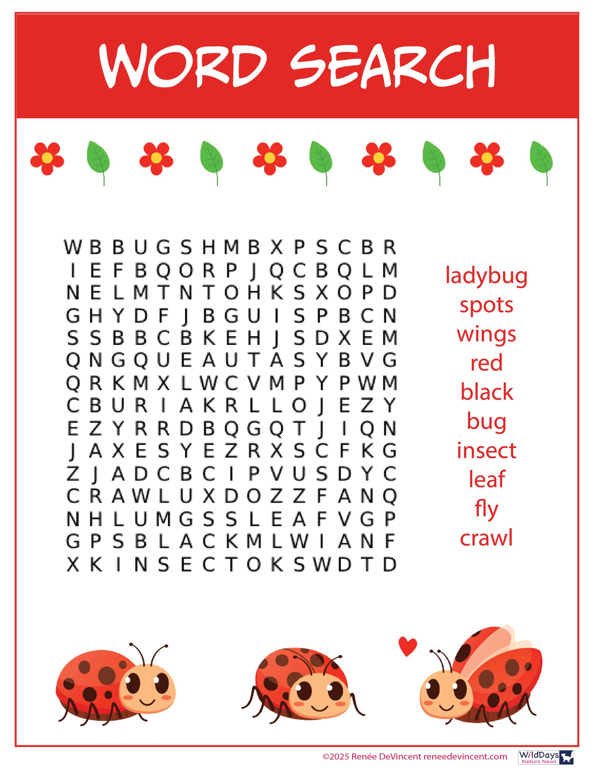 A word search with ladybugs and leaves on a red background.