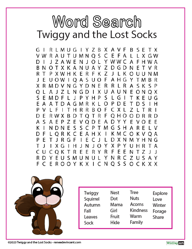 A word search for twiggy and the lost socks with a squirrel.