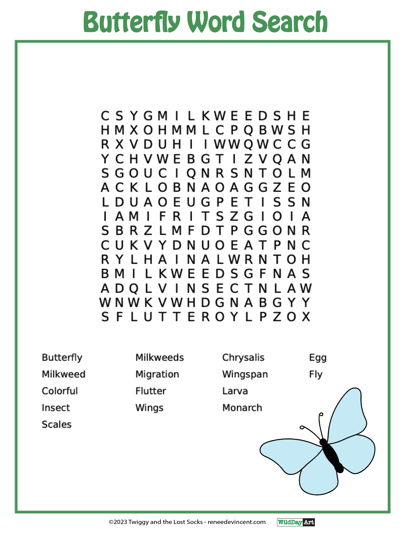 A butterfly word search with a picture of a butterfly on the bottom.