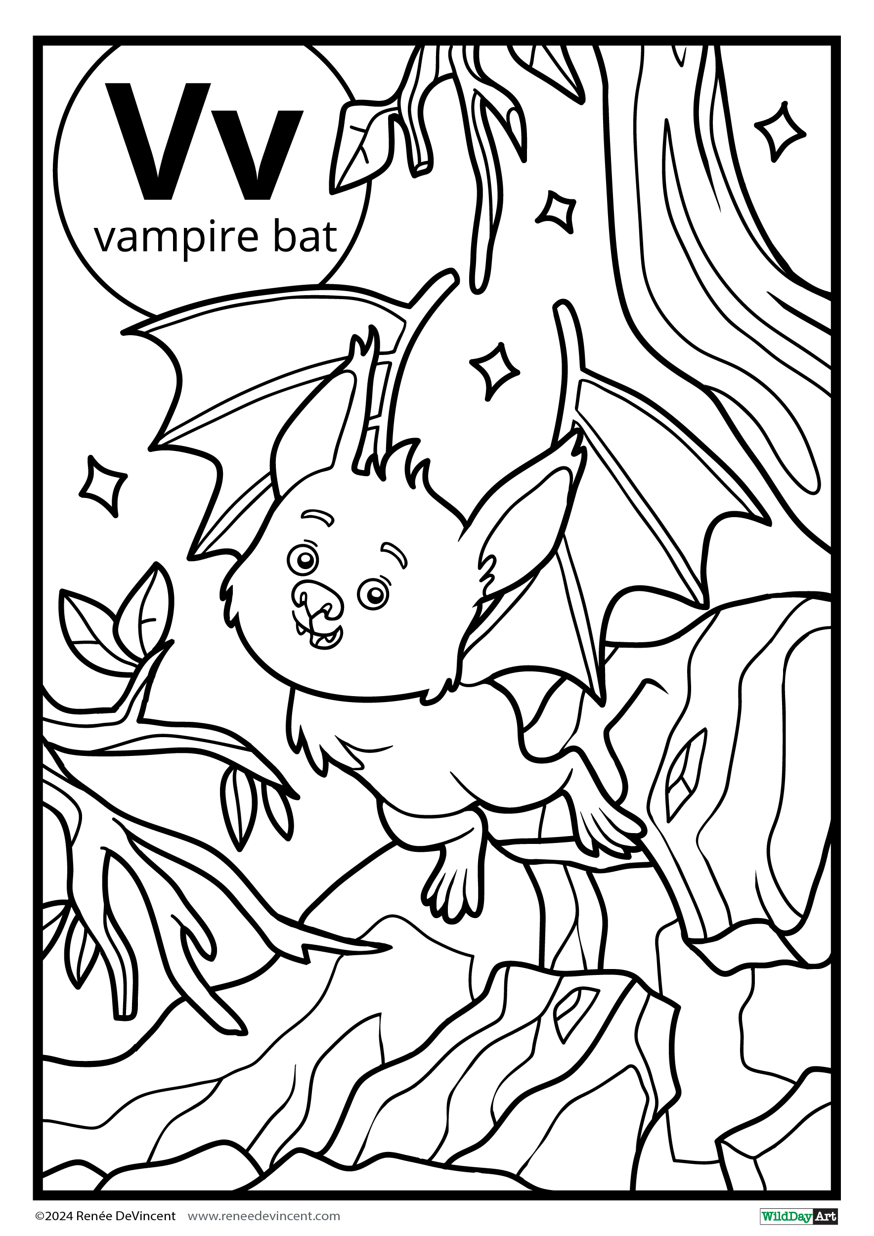 A black and white drawing of a vampire bat on a rock.