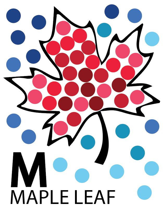 A maple leaf is surrounded by blue and red polka dots