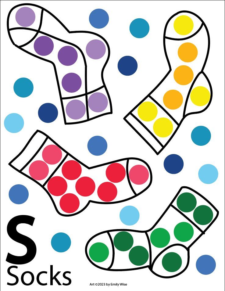 The letter s is for socks with polka dots on them