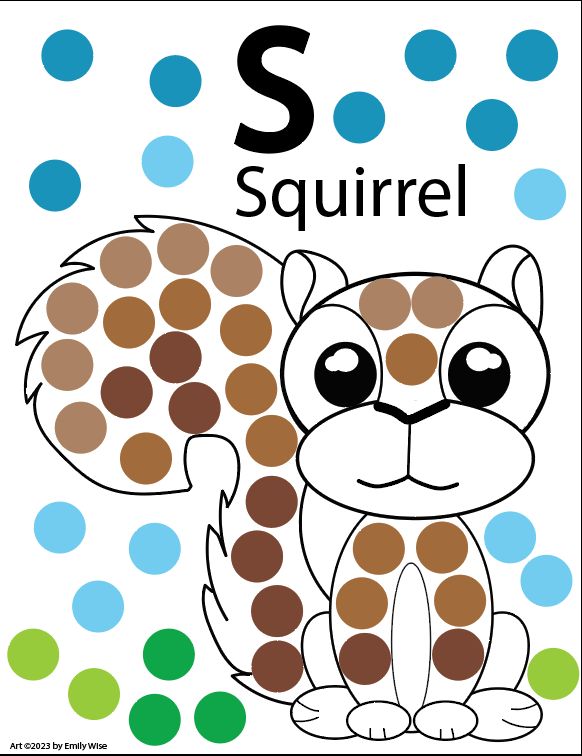 A worksheet featuring the letter S and a squirrel, with brown, blue, and green dots for coloring activity.