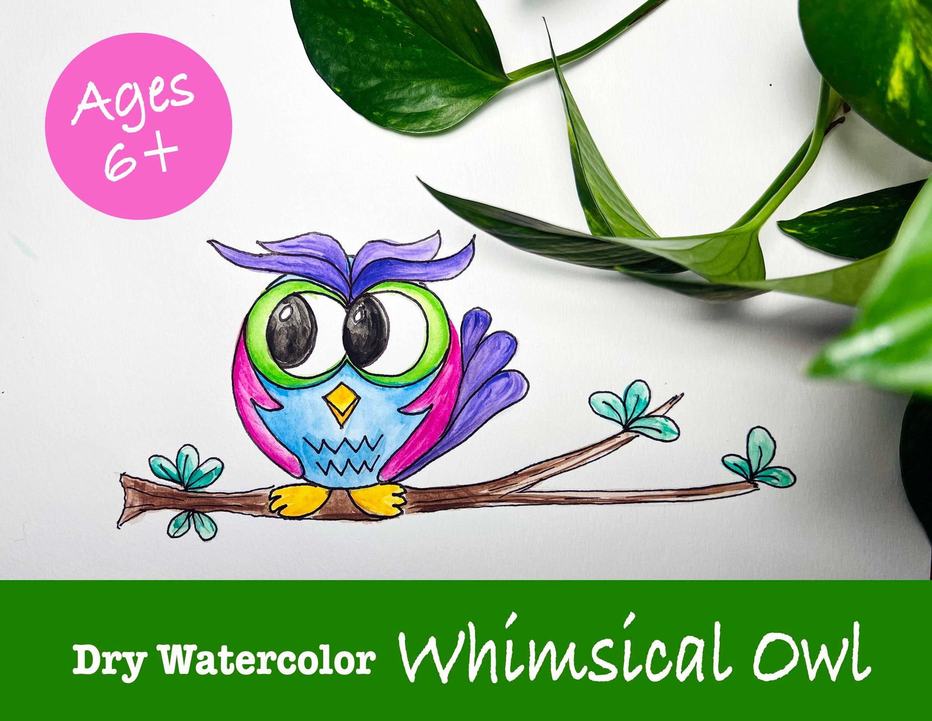 A drawing of a whimsical owl sitting on a branch