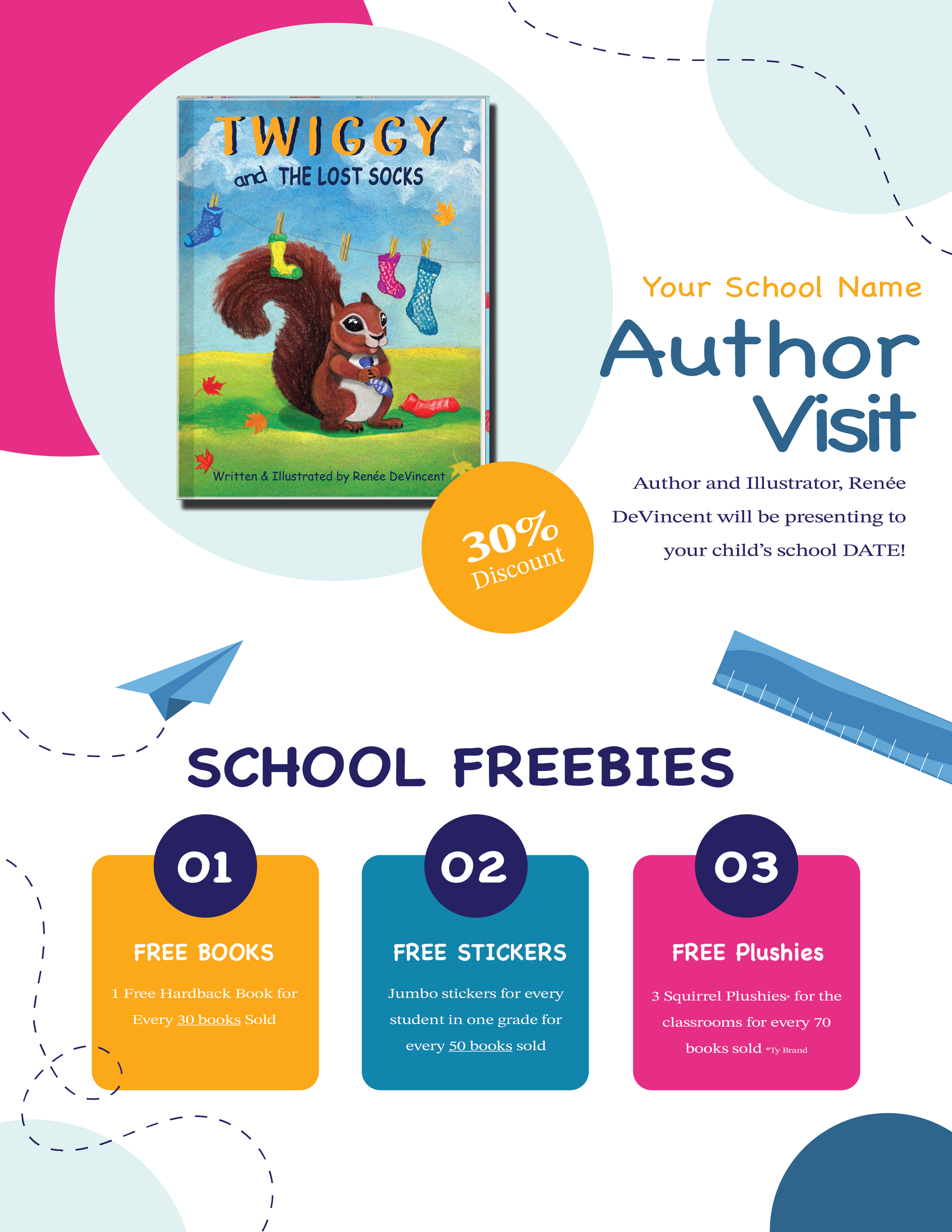 A poster with a squirrel on it and the words `` author visit school freebies ''.