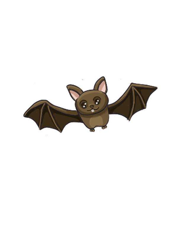 A cartoon bat is flying in the air with its wings spread.