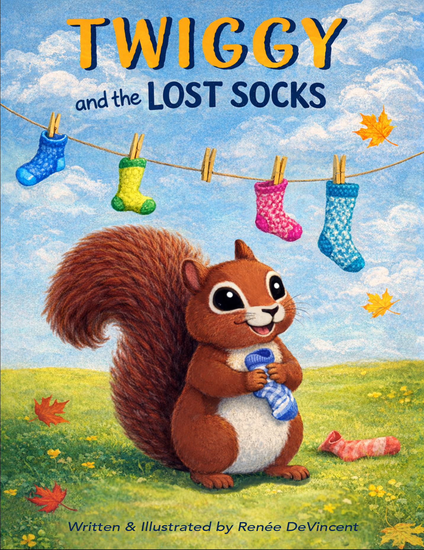 Children’s book cover of a squirrel hanging blue socks on a clothesline, titled “Twiggy and the Lost Socks”