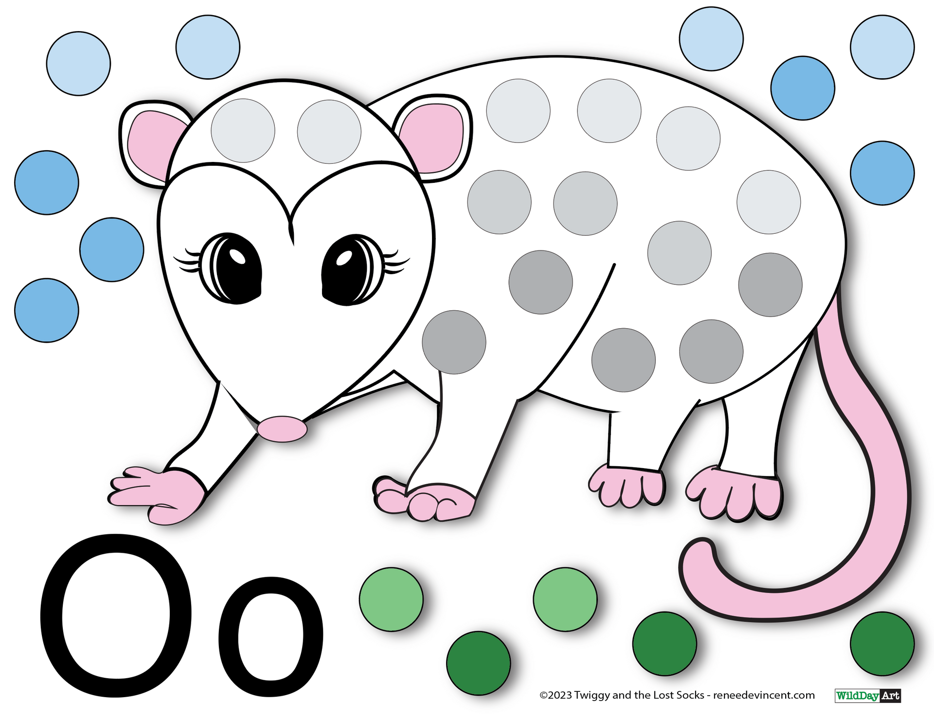 A drawing of an opossum with polka dots and the letter o on the bottom