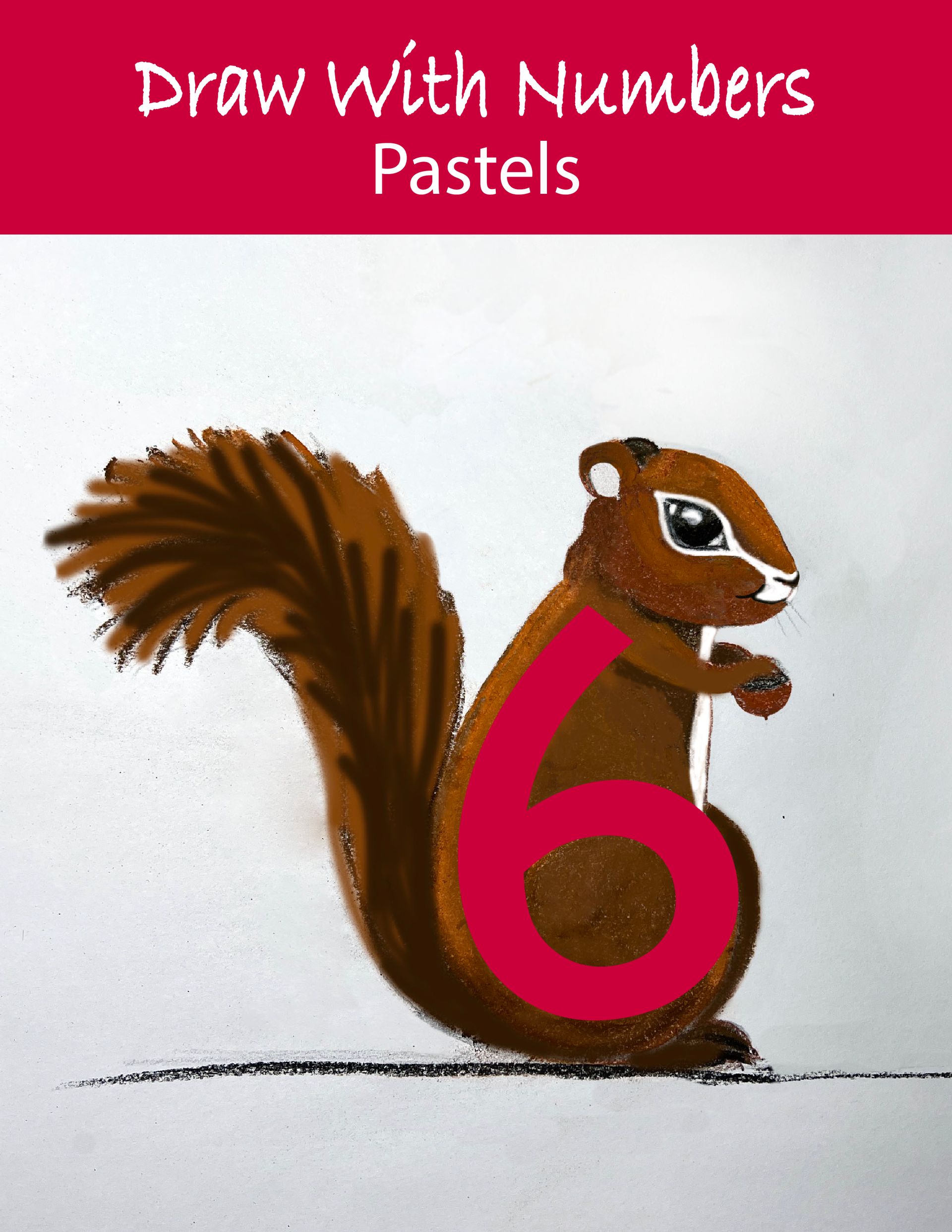 A drawing of a squirrel created from the number 6 in red pastel on a white background.