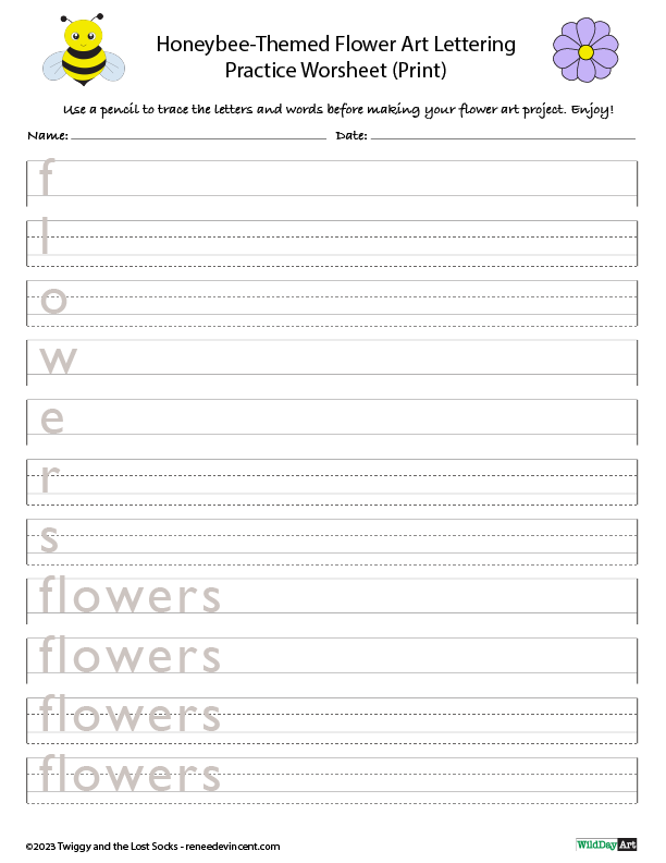 A honeybee themed flower art lettering practice worksheet.