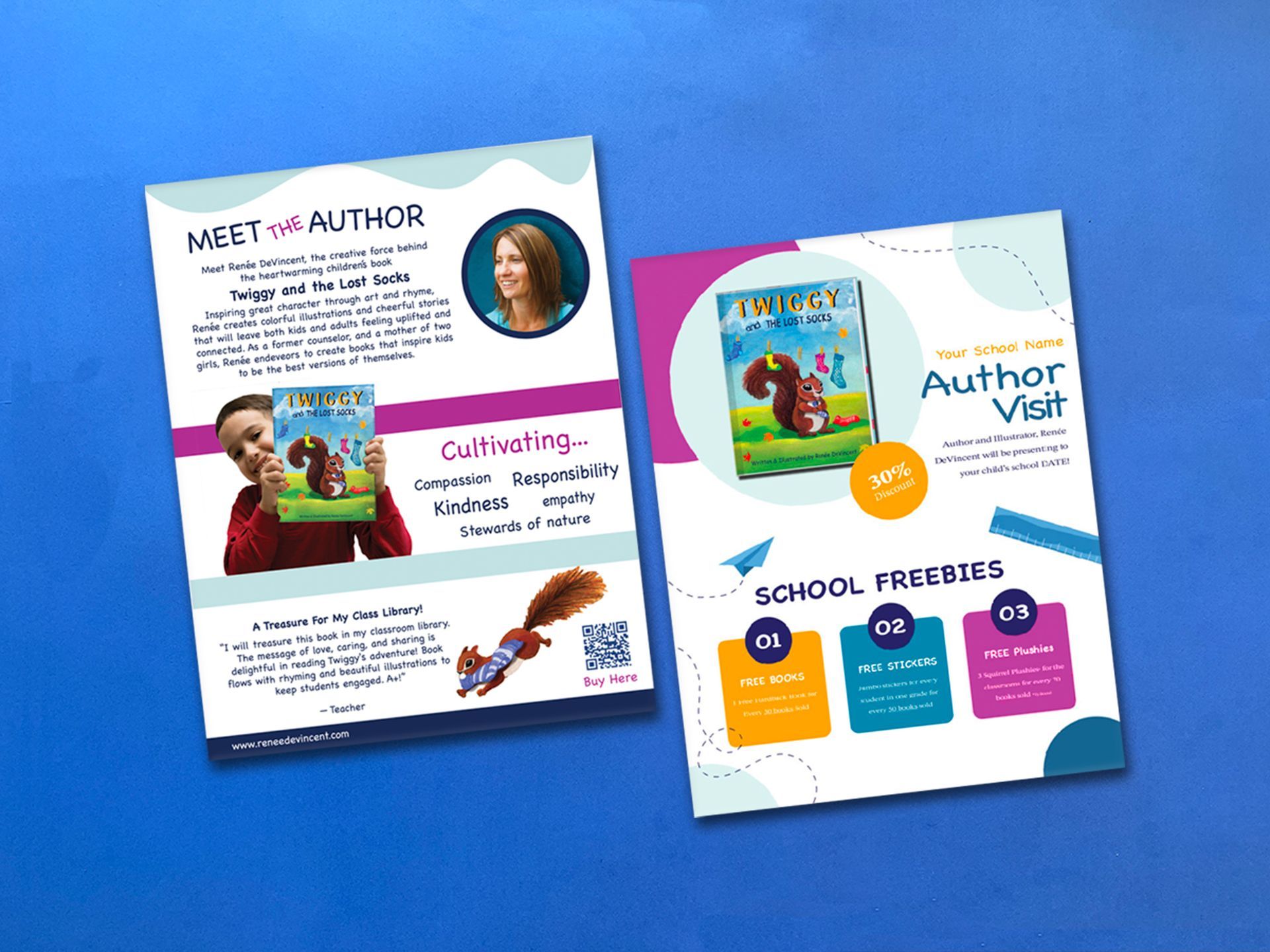 Two flyers for an author visit, showcasing a children's book with a squirrel on the cover. Blue background with purple and orange accents.
