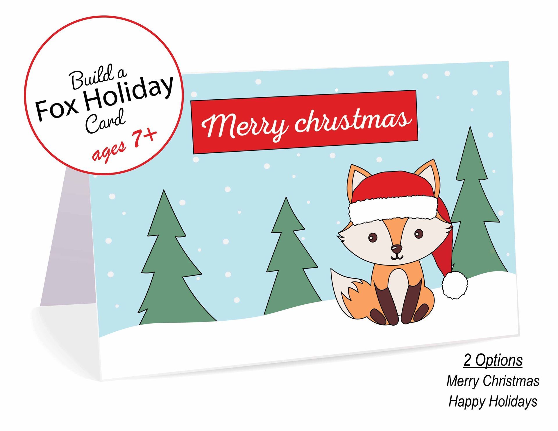 A fox wearing a santa hat is on a christmas card.