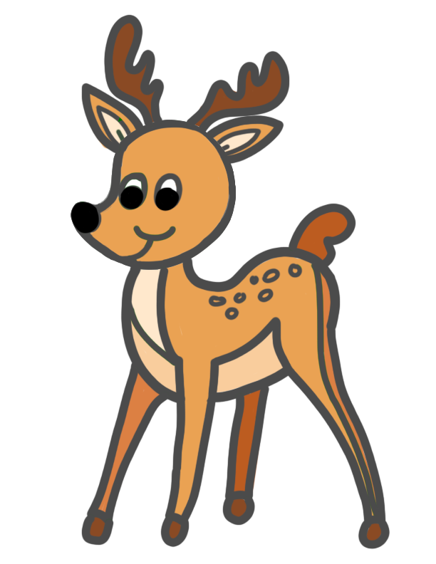 A cartoon deer with antlers is standing on a white background.