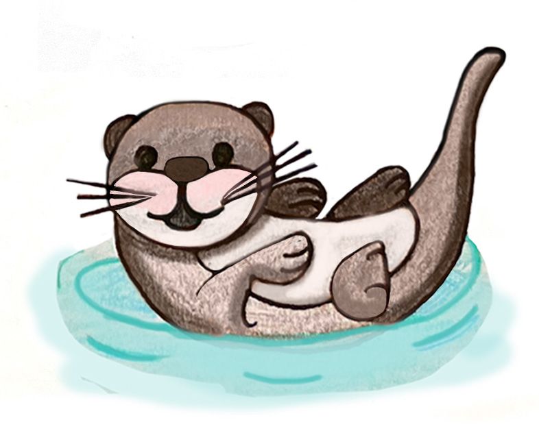 A cartoon otter is floating on its back in the water.