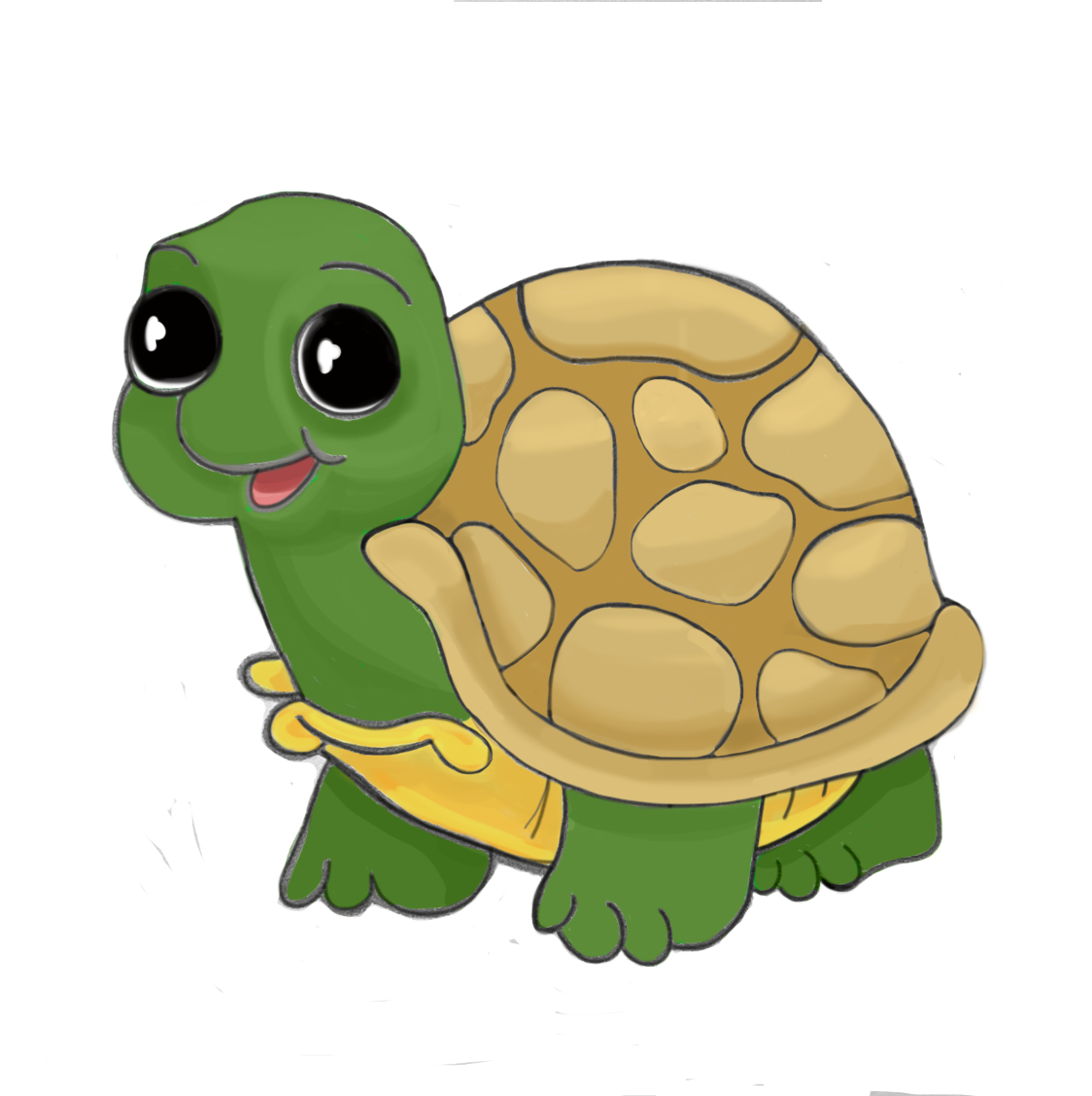 A cartoon turtle with a yellow shell is smiling on a white background.