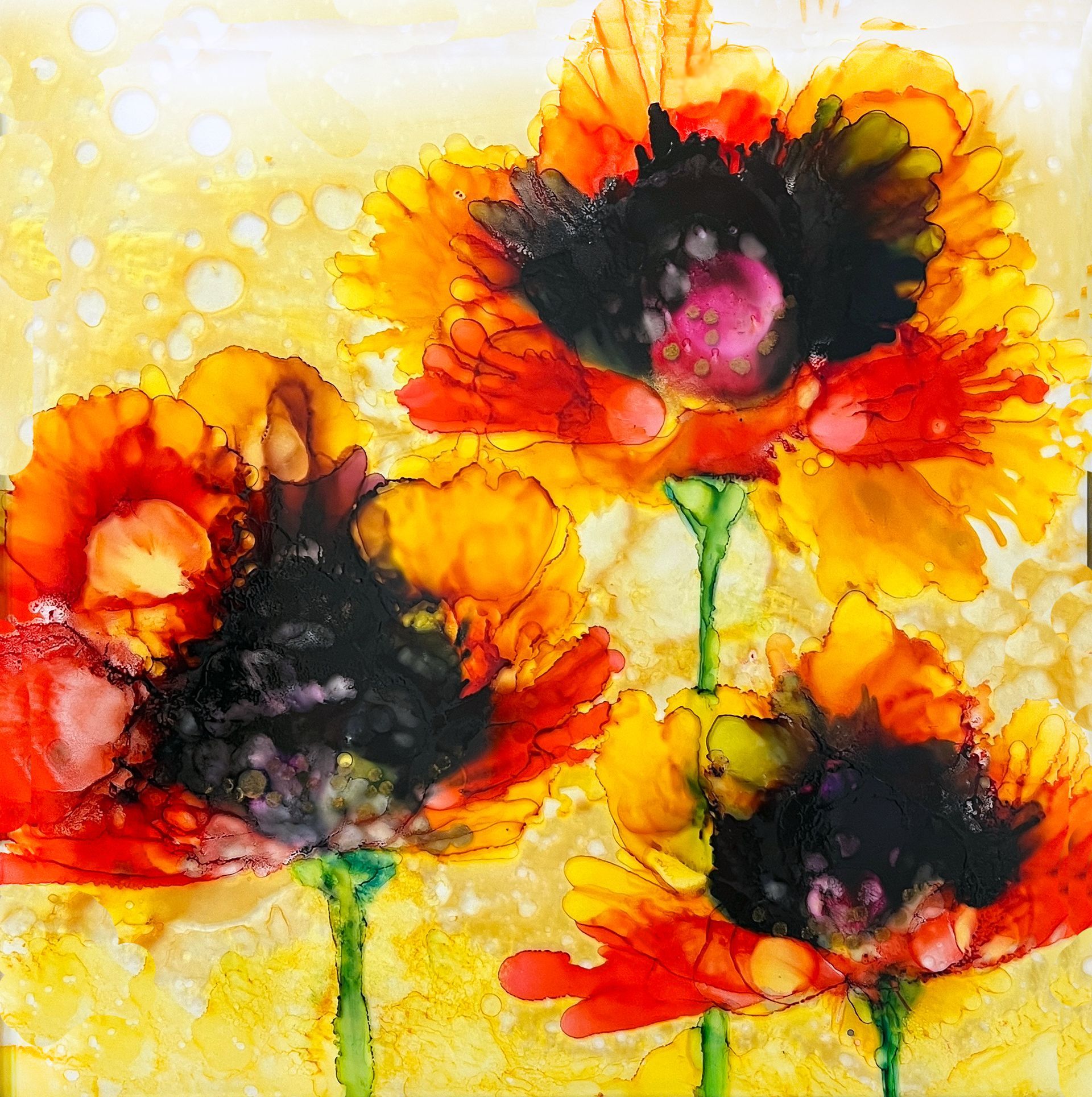 A painting of three colorful flowers on a yellow background