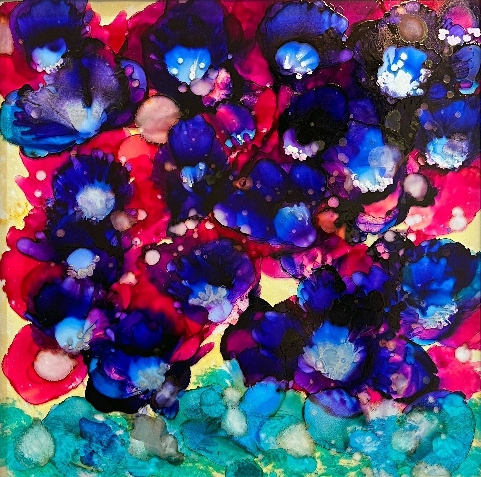 A colorful painting of flowers on a yellow background