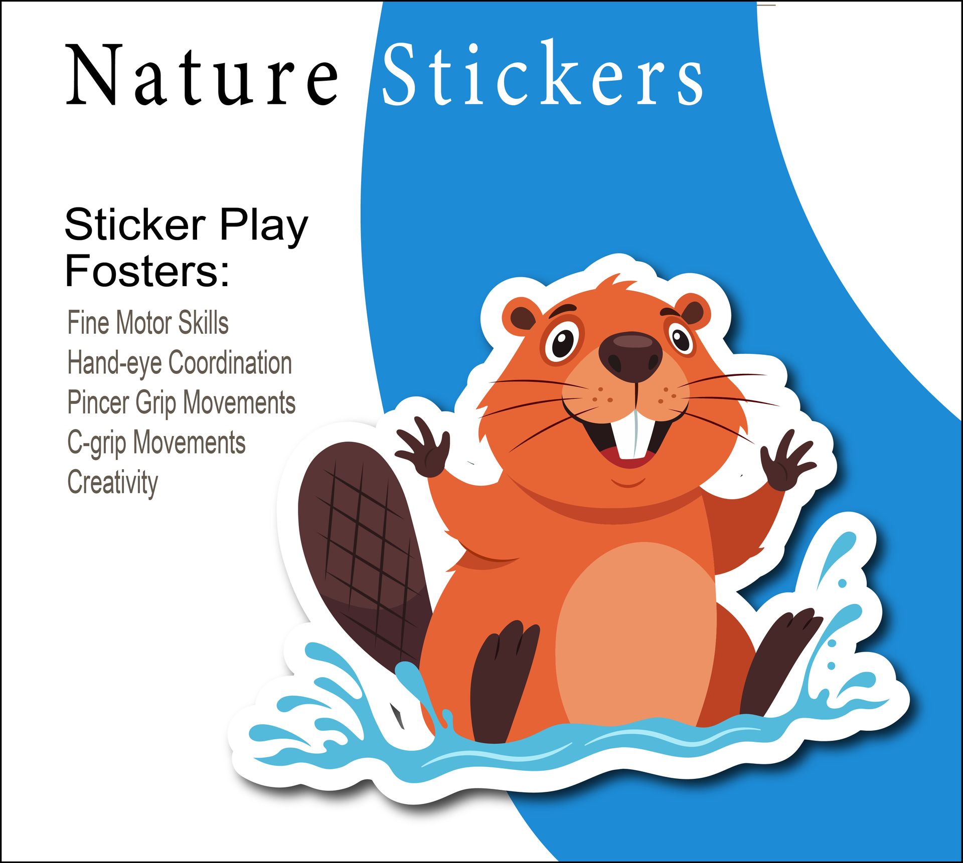 Cartoon beaver sticker; blue wave, white text