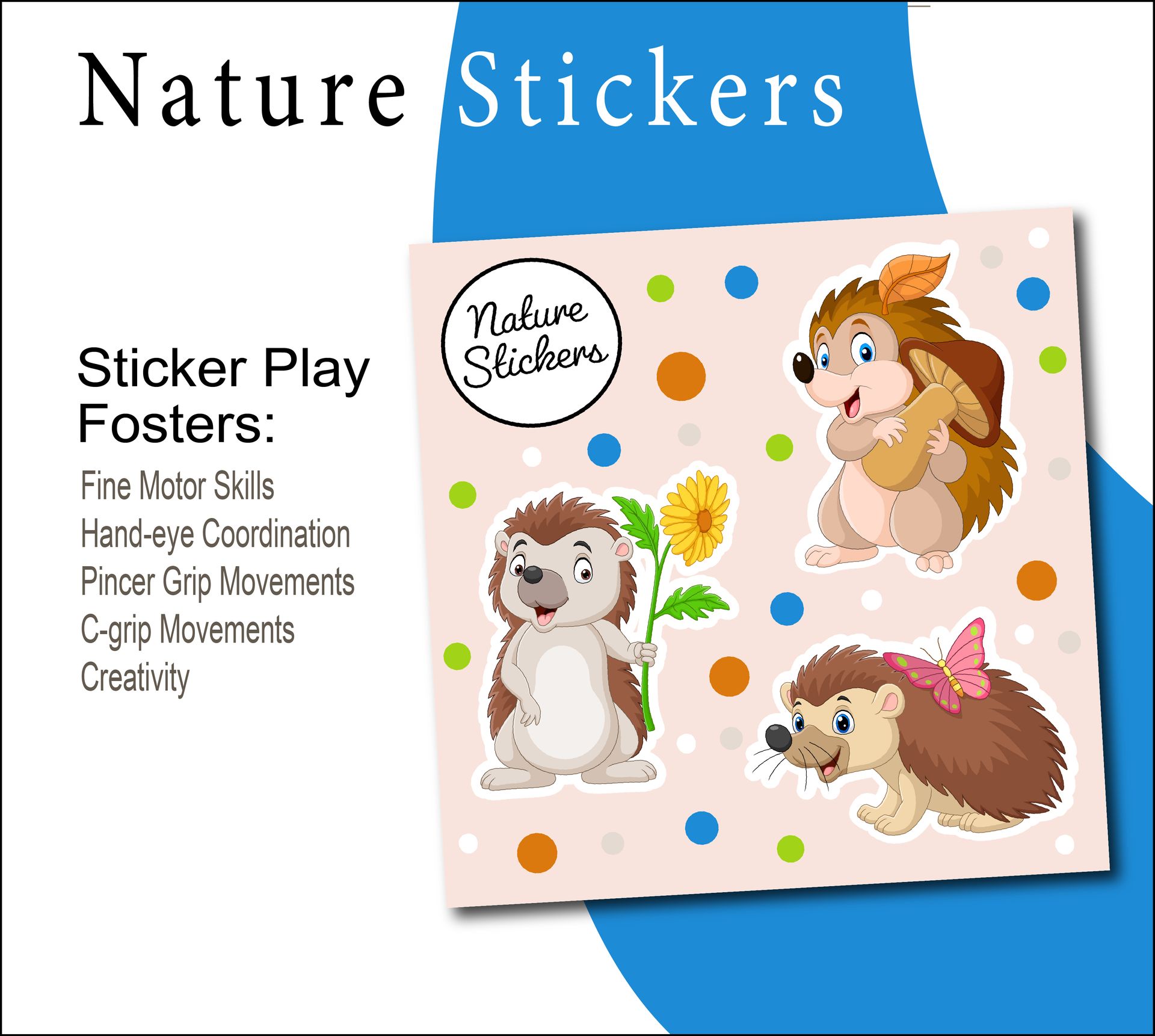Nature sticker set, featuring porcupine illustrations and sticker play benefits.