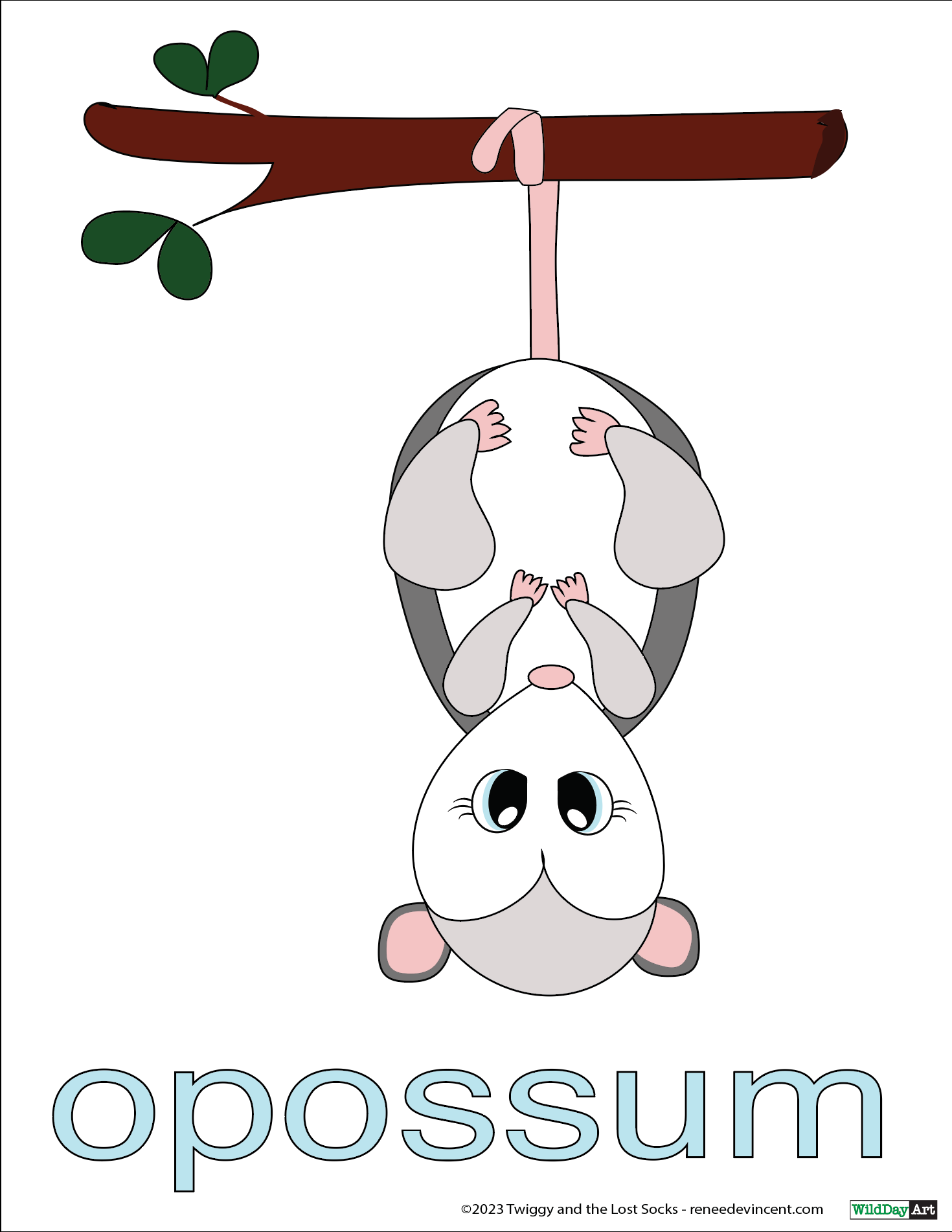 A cartoon opossum is hanging upside down from a tree branch.