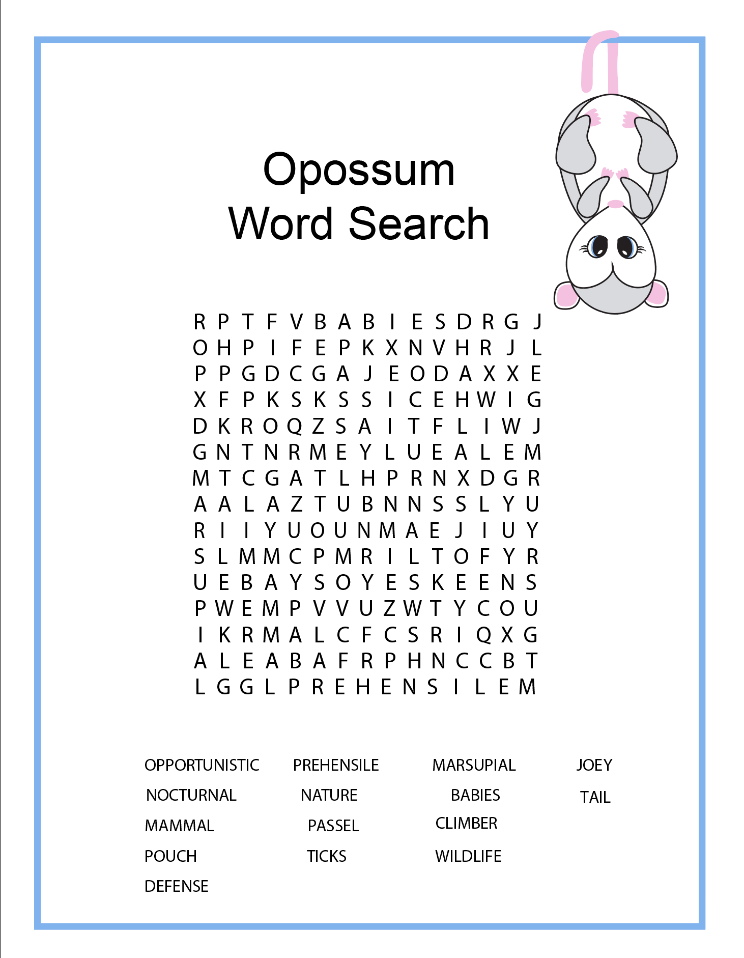 A word search with a panda hanging from a rope.