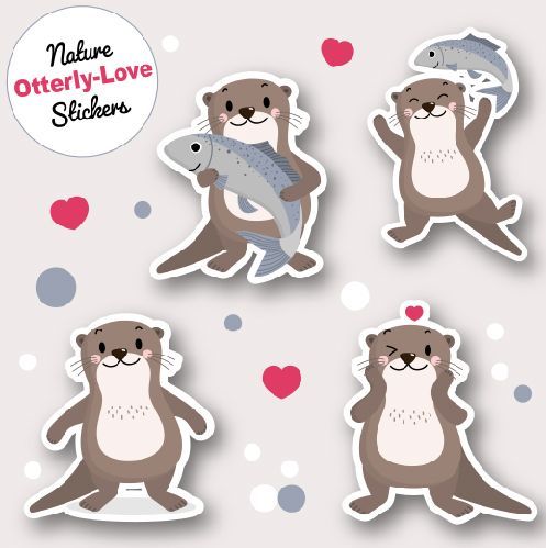 Cute otter stickers with fish, hearts, and polka dots; a nature-themed design. Otters have various happy expressions.