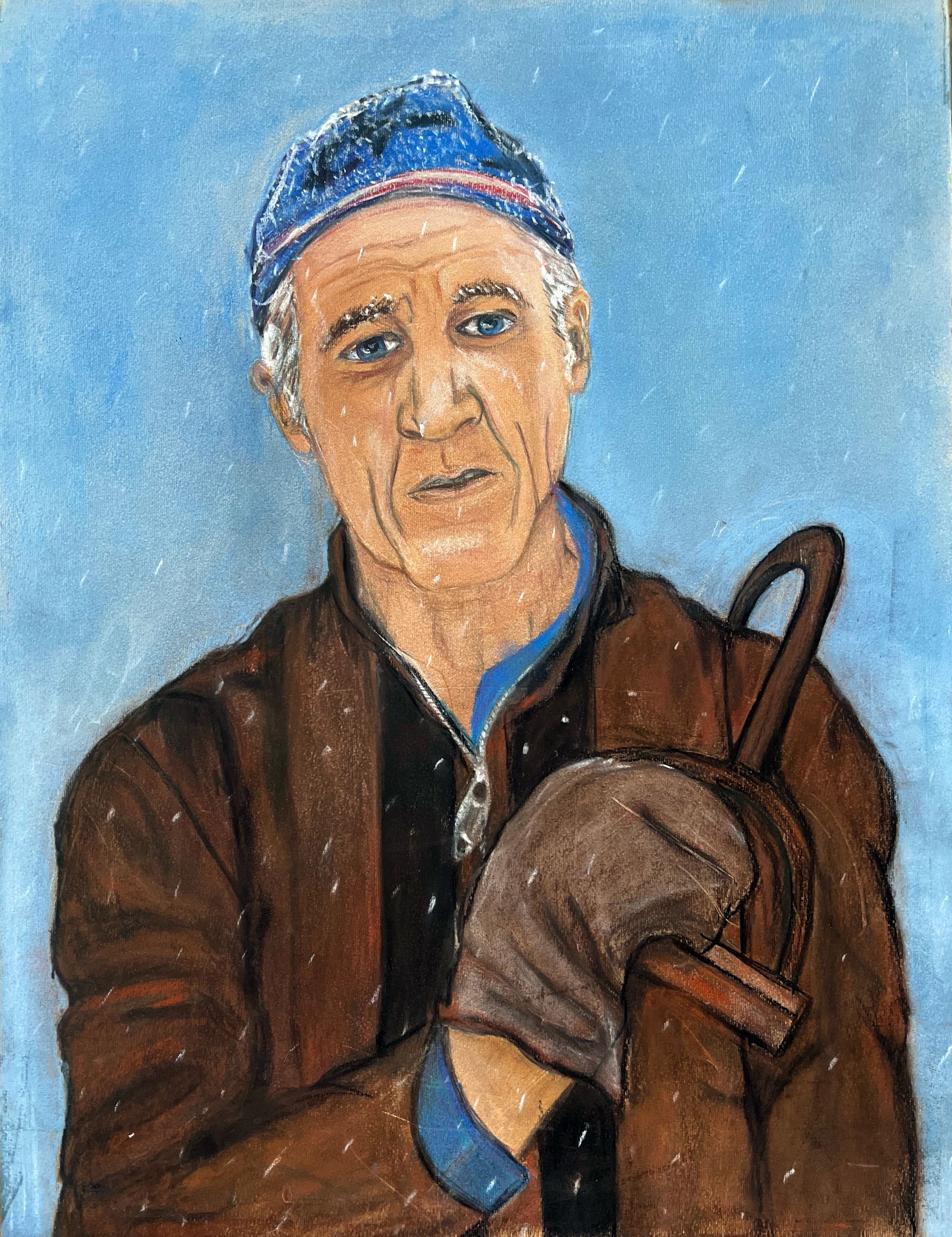 A chalk painting of a man wearing a hat and gloves